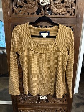 Maeve Mustard & White Striped Long-Sleeve Ruffle Scoop Neck Top